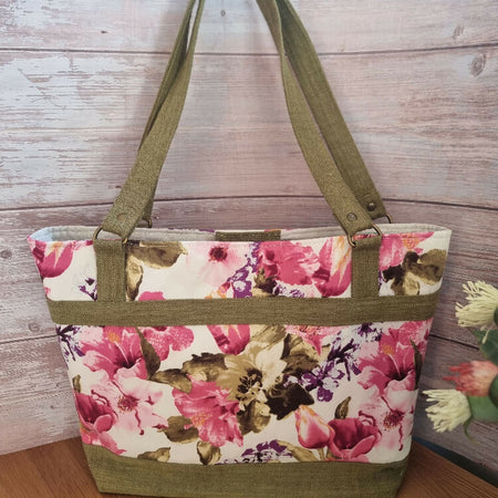 Upcycled tote - bright flowers on cream with green contrast