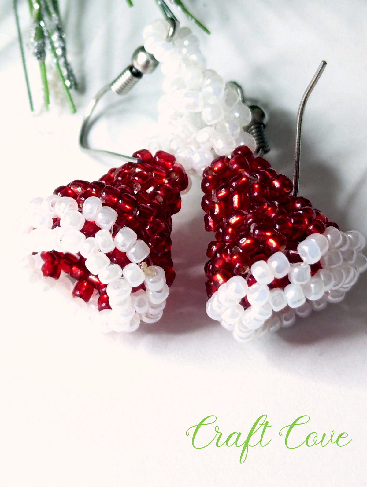Handmade 3D Beadwoven Earrings – Santa Hat Design