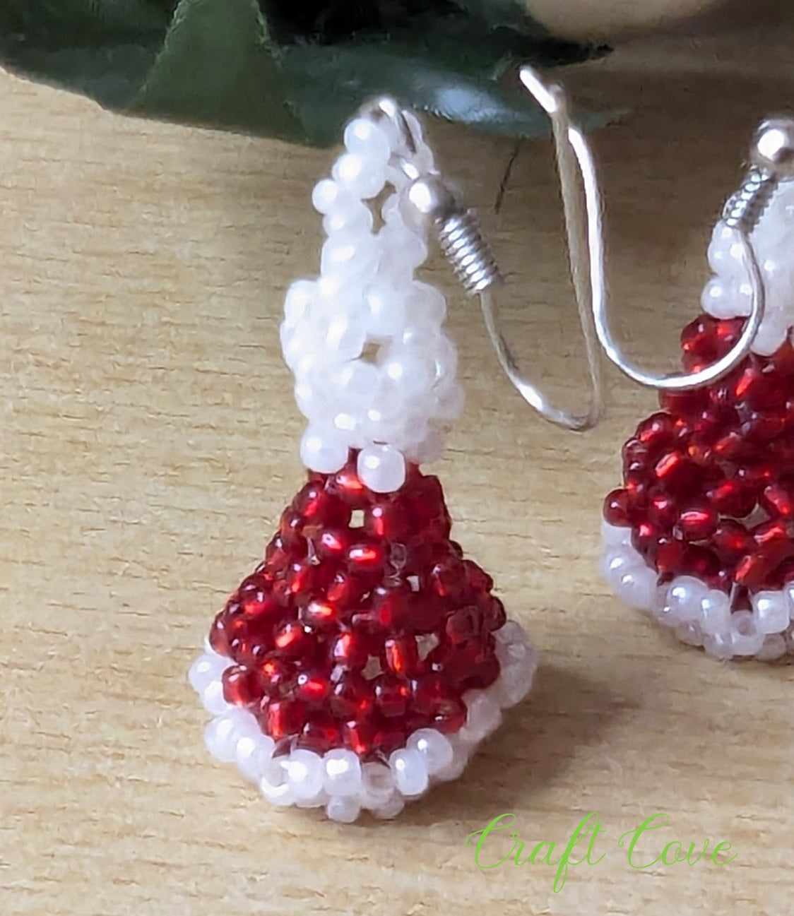 Handmade 3D Beadwoven Earrings – Santa Hat Design