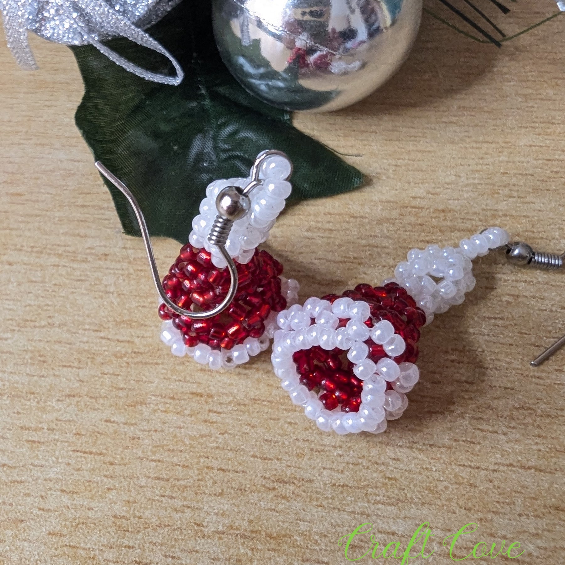 Handmade 3D Beadwoven Earrings – Santa Hat Design