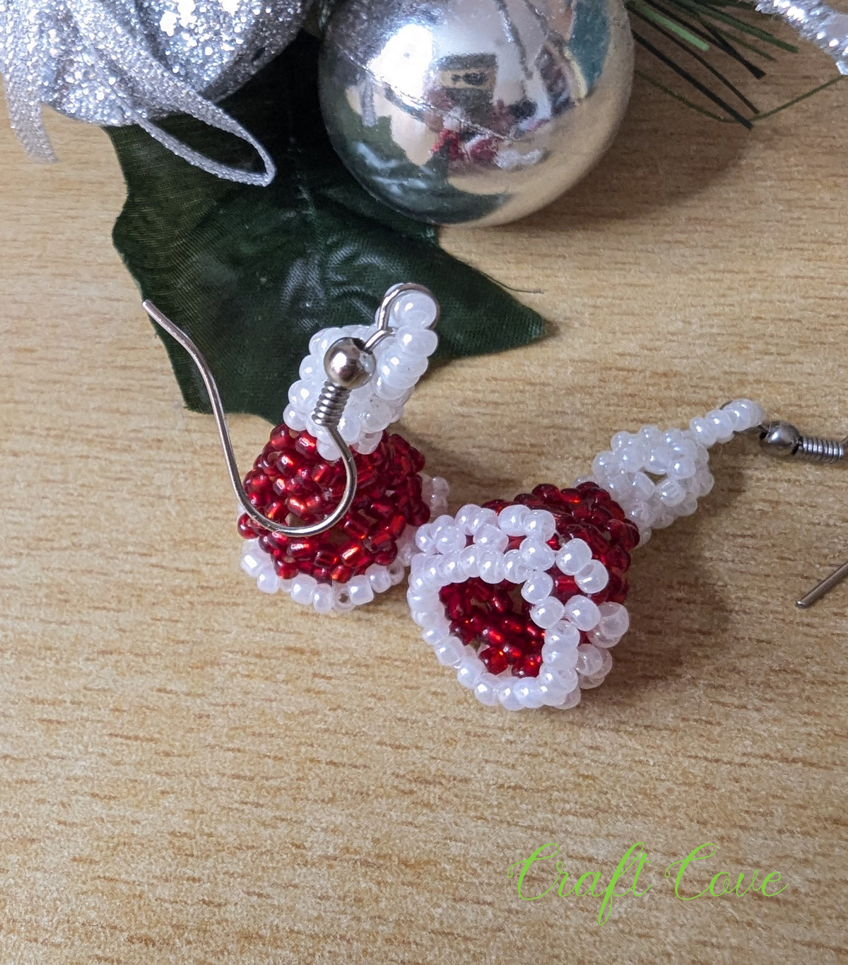 Handmade 3D Beadwoven Earrings – Santa Hat Design