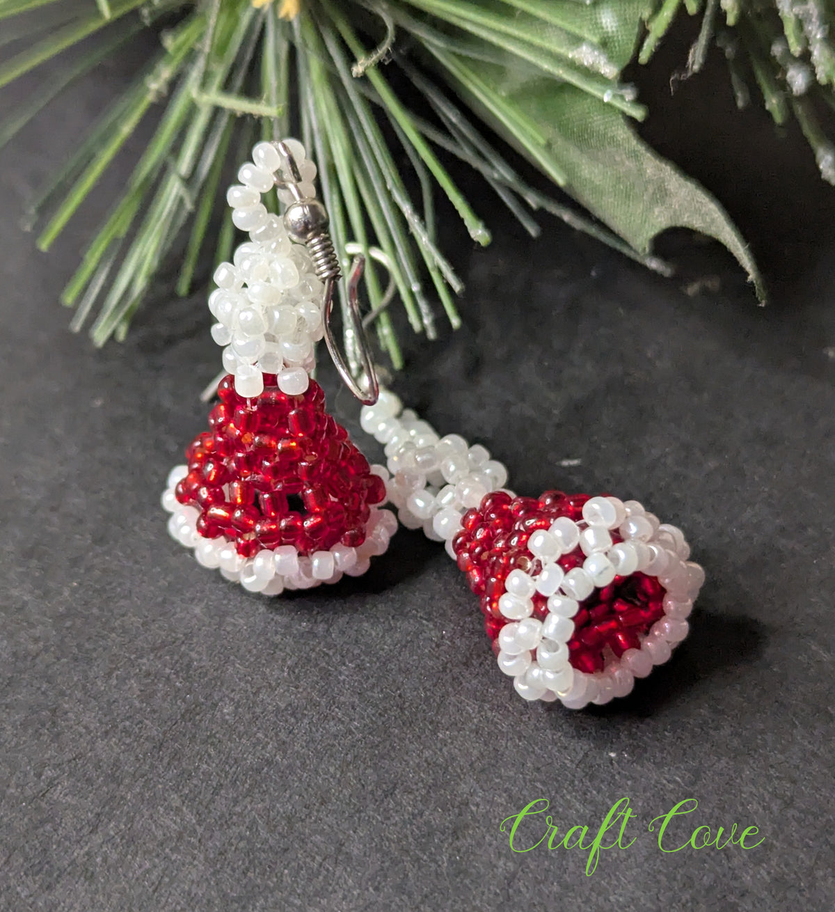 Handmade 3D Beadwoven Earrings – Santa Hat Design