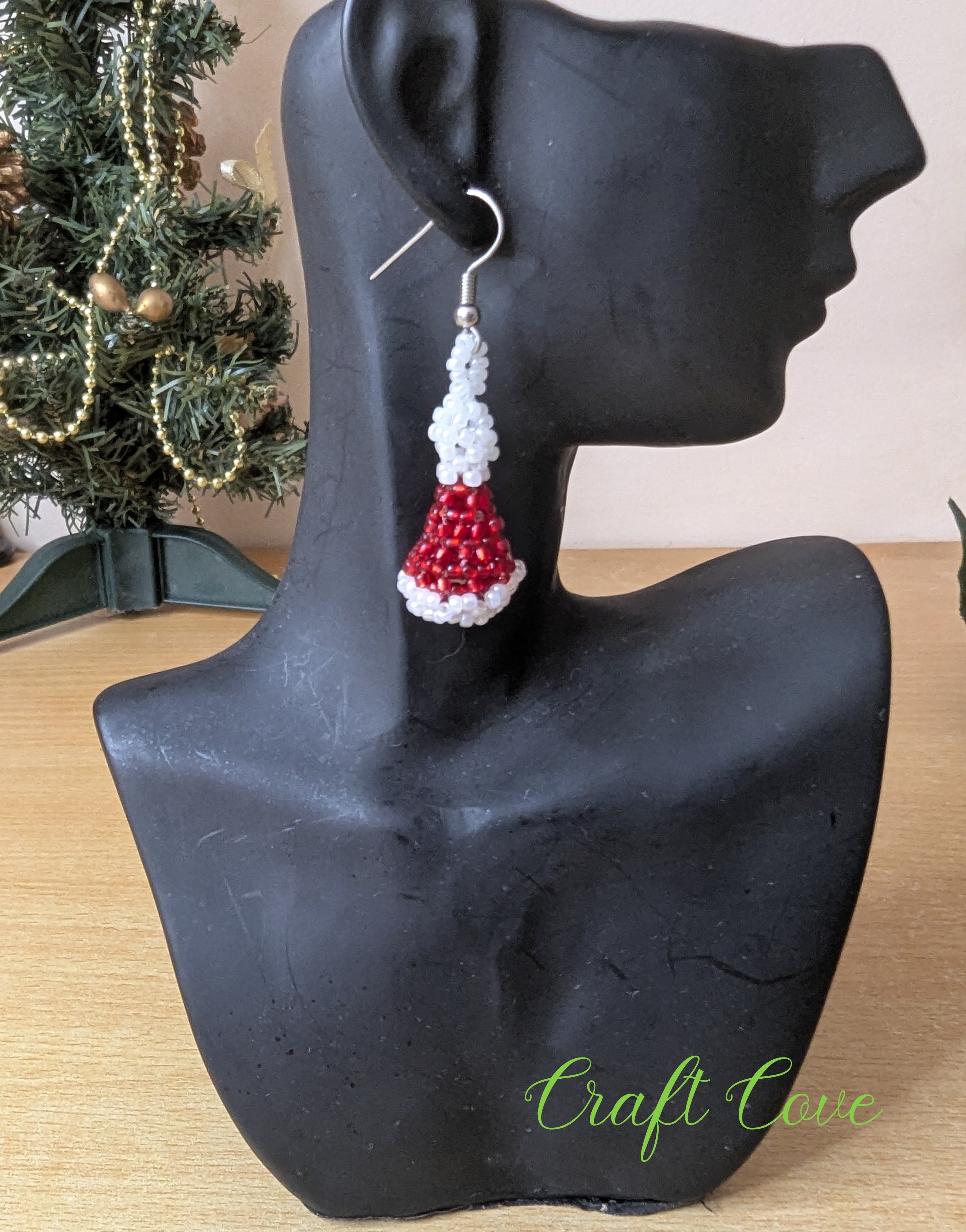 Handmade 3D Beadwoven Earrings – Santa Hat Design