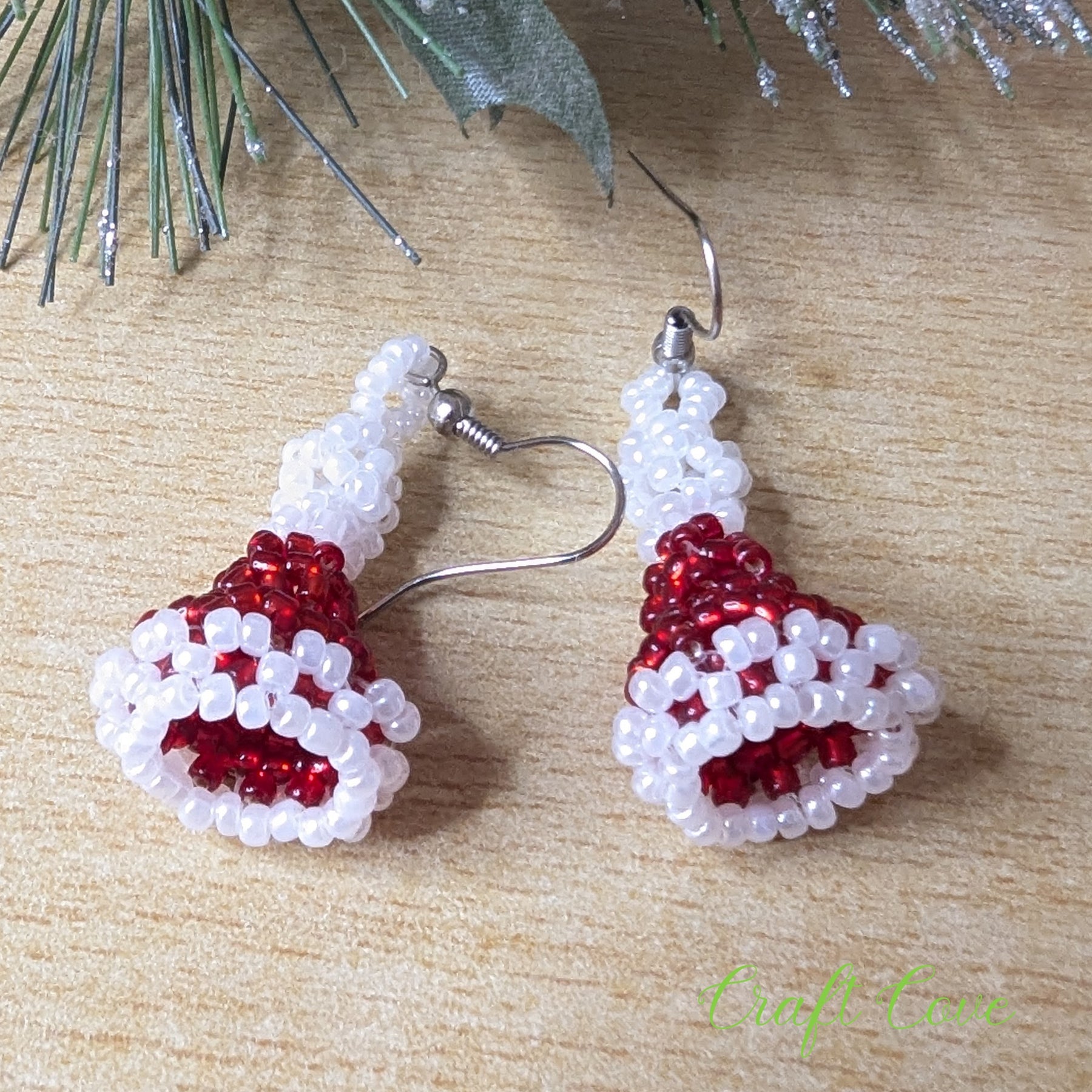 Handmade 3D Beadwoven Earrings – Santa Hat Design