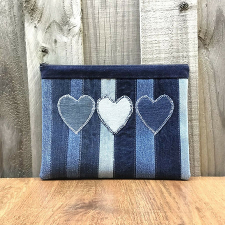 Upcycled Denim Pencil Case – 3 Denim Hearts