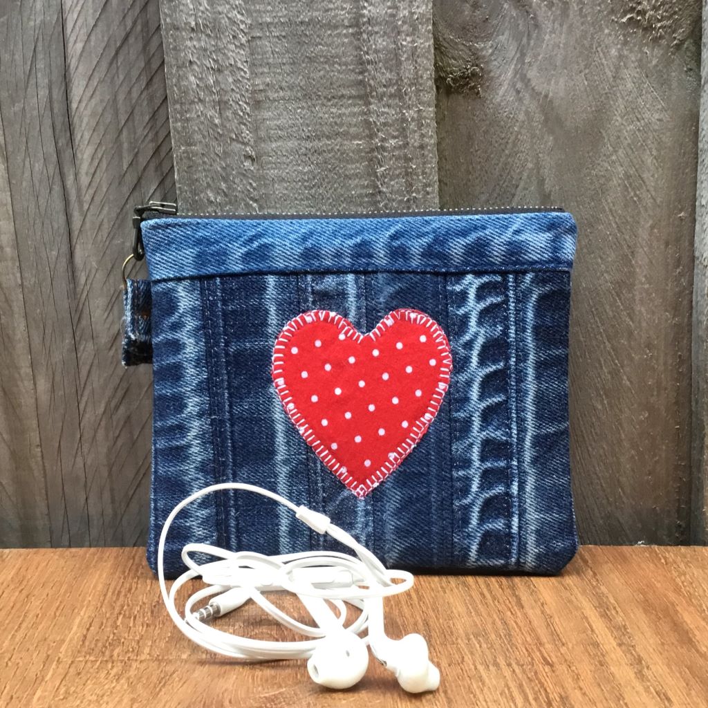 Upcycled Denim Cuff Coin Purse – Red Polka Dot Heart