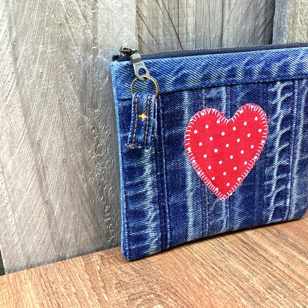 Upcycled Denim Cuff Coin Purse – Red Polka Dot Heart