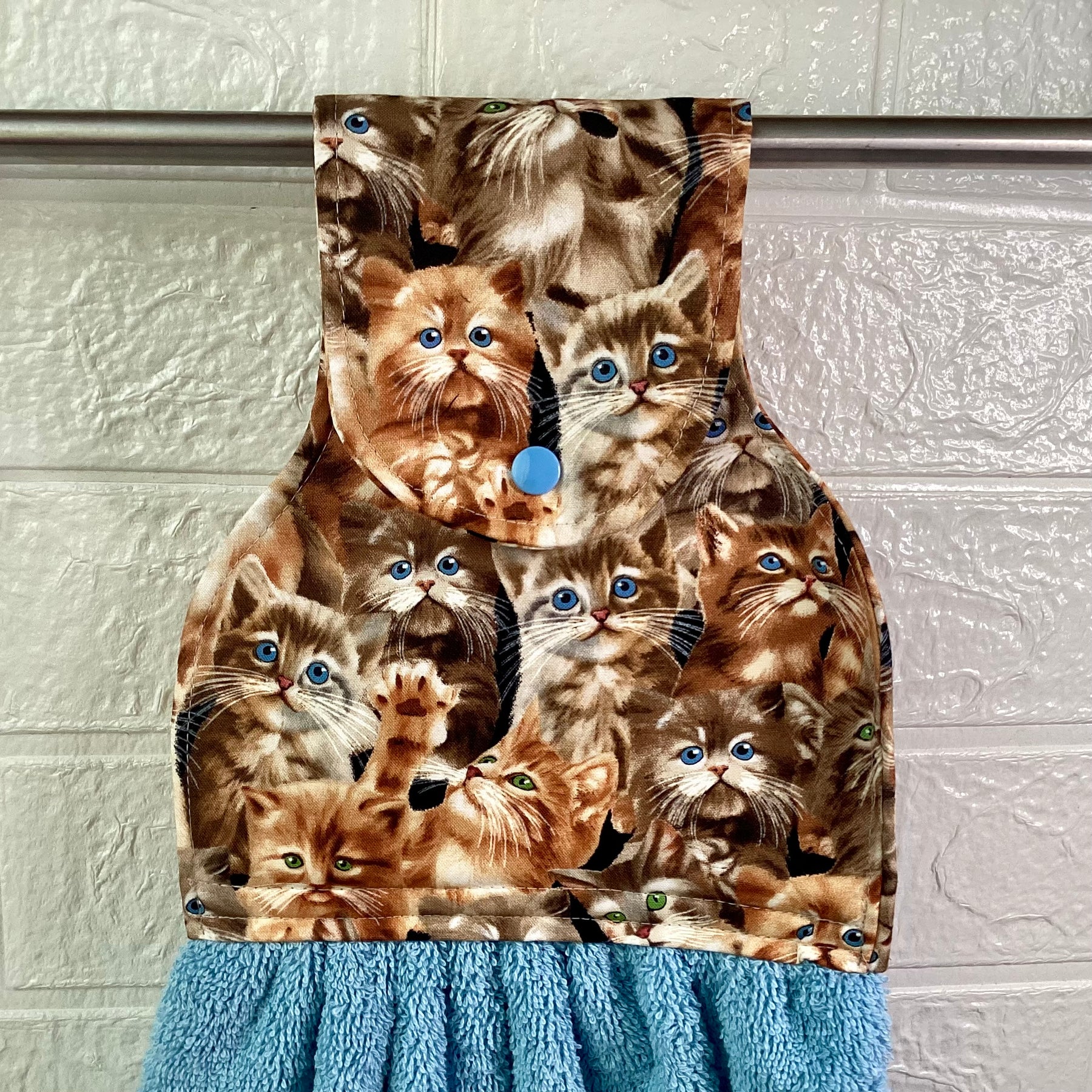 Kittens (sky blue) hanging hand towel.