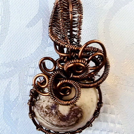 Artisan Made Ceramic Pendant in Cream Wirewrapped in Antique Copper