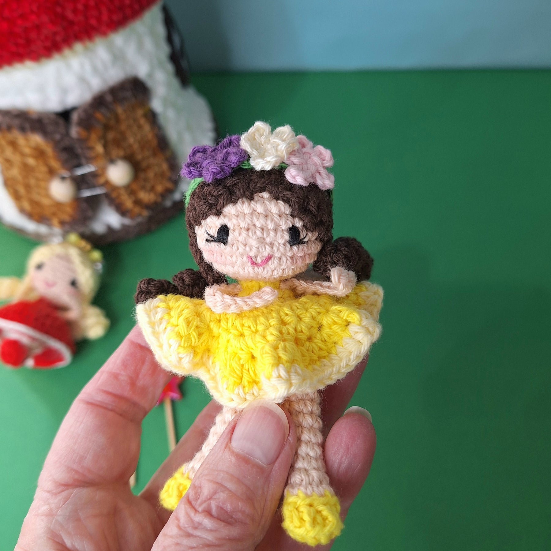 Crocheted Mushroom House Play Set with Two Fairies
