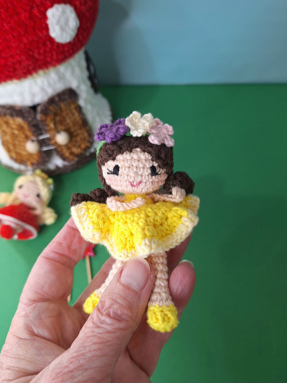 Crocheted Mushroom House Play Set with Two Fairies
