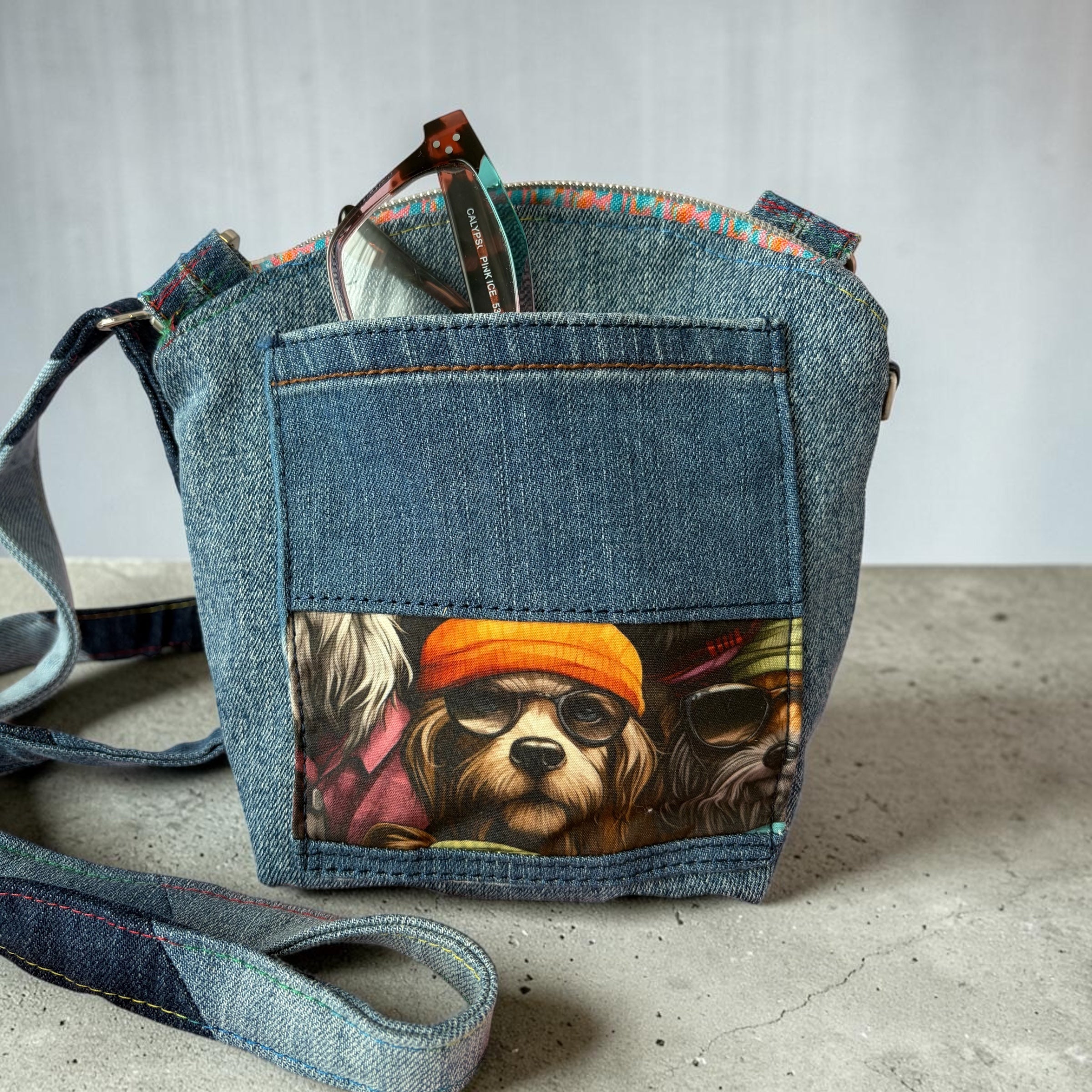 Women’s Upcycled Denim/Dog Print Crossbody Bag