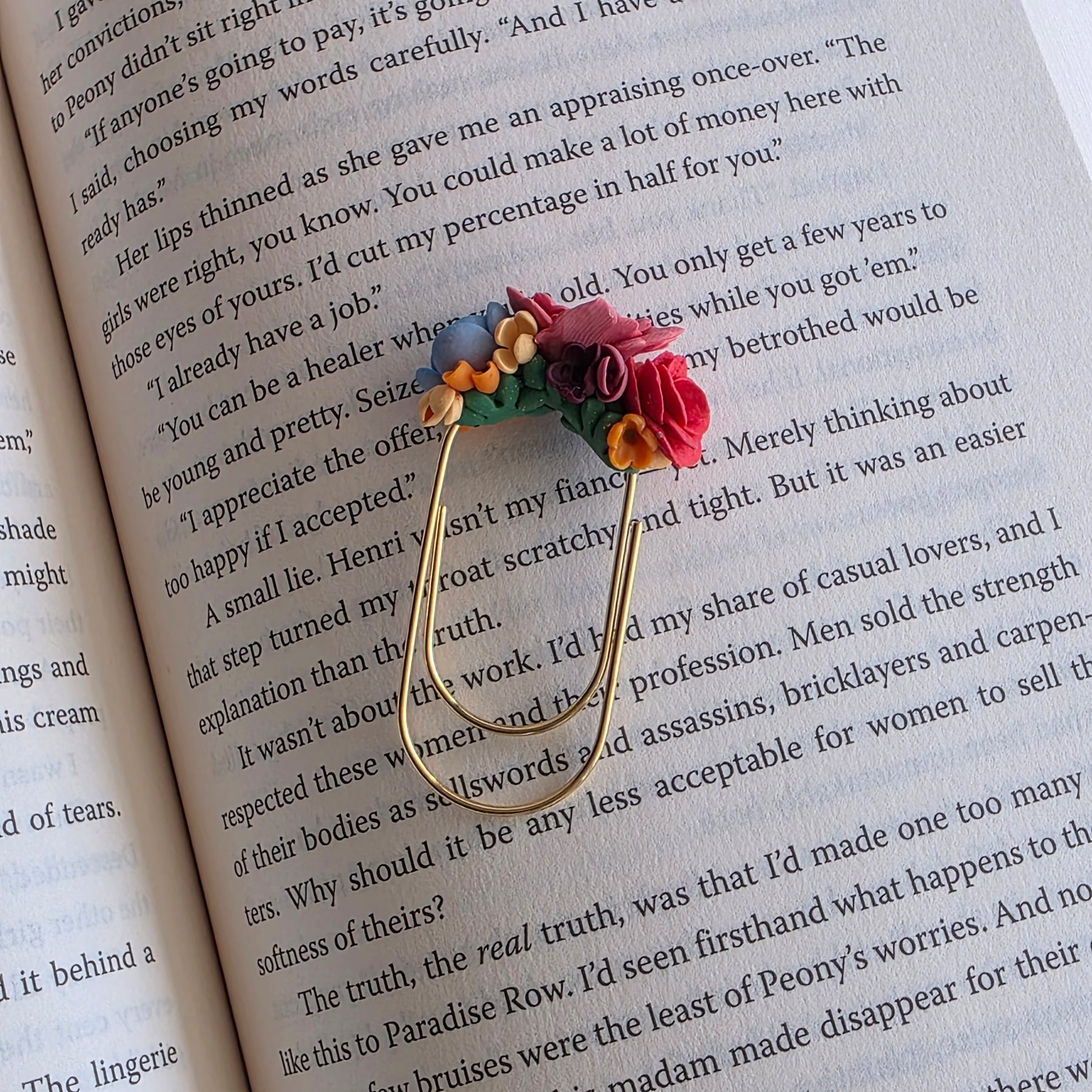 Handmade Floral Polymer Clay Bookmark | Oversized Gold Paper Clip Bookmark | Colourful Flower Bookmark Gift for Book Lovers