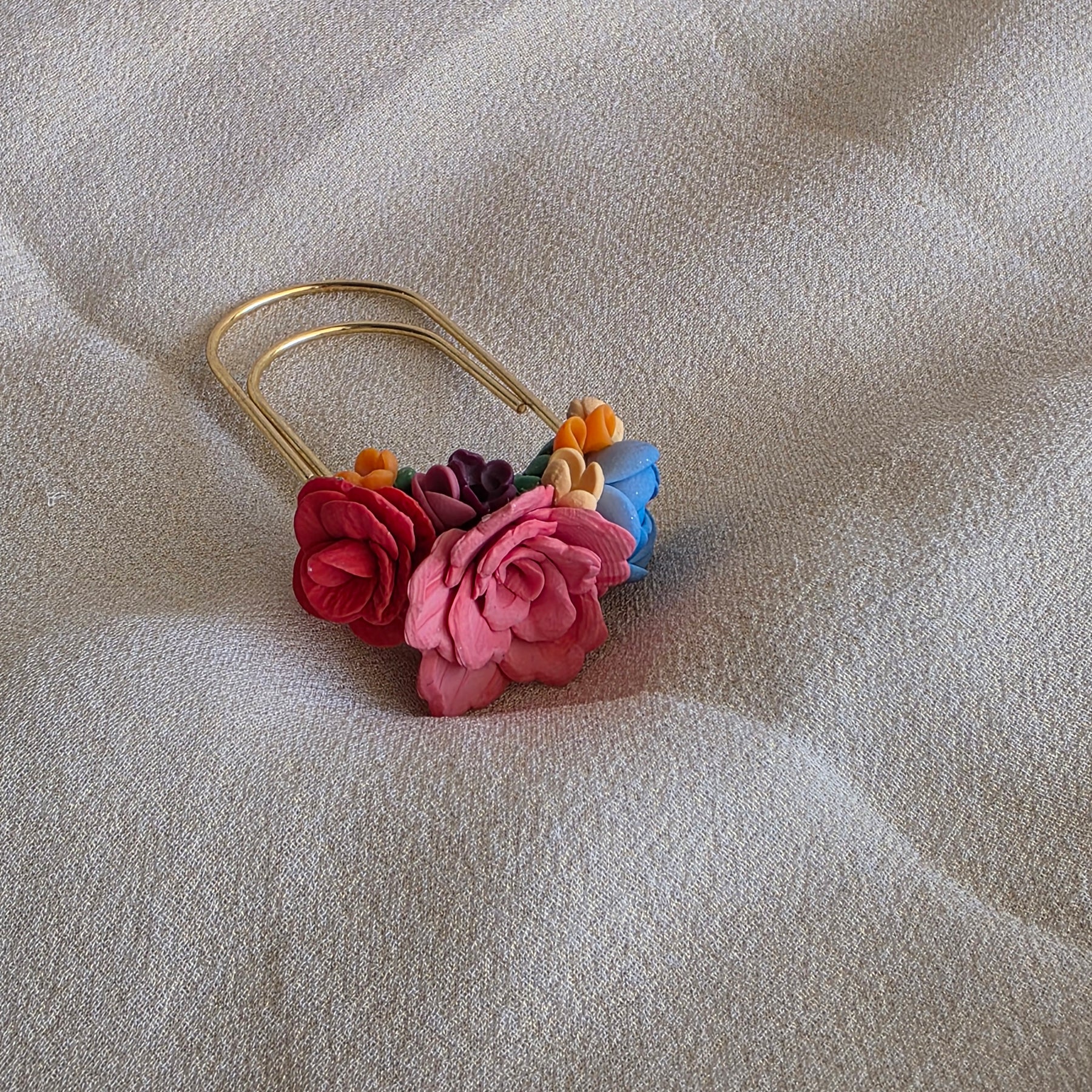 Handmade Floral Polymer Clay Bookmark | Oversized Gold Paper Clip Bookmark | Colourful Flower Bookmark Gift for Book Lovers