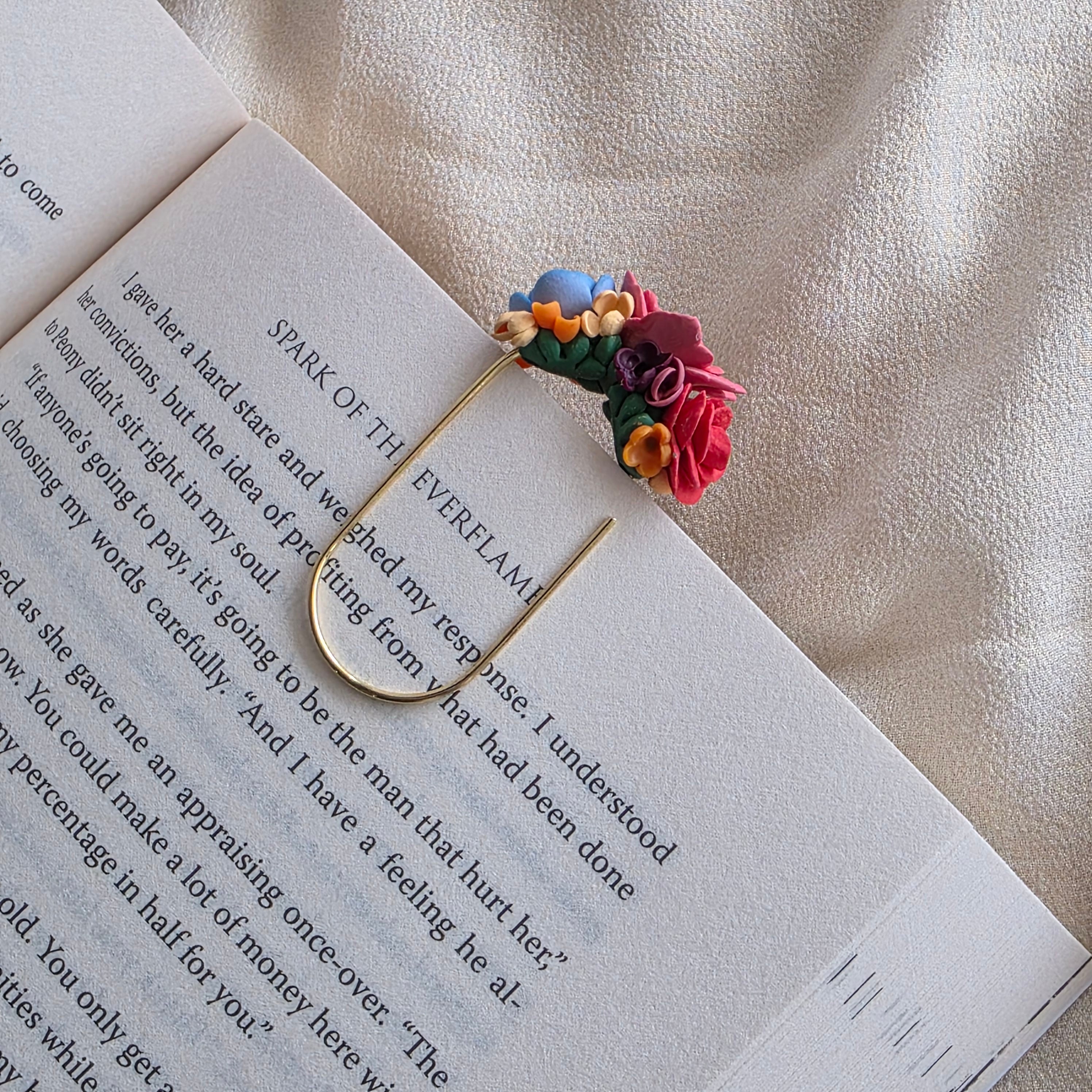 Handmade Floral Polymer Clay Bookmark | Oversized Gold Paper Clip Bookmark | Colourful Flower Bookmark Gift for Book Lovers