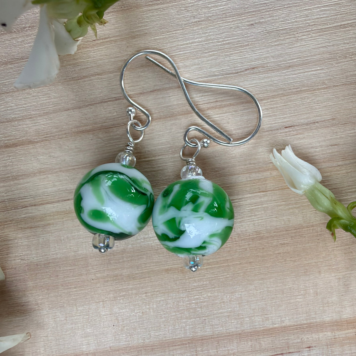 Green and White Lampwork Bead Earrings Sterling Silver