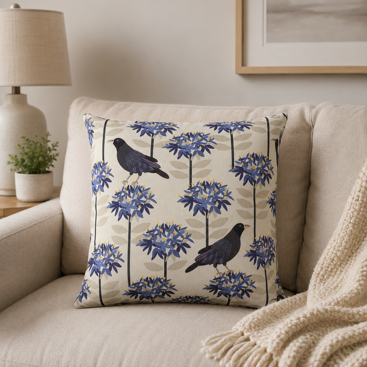 Blue Floral Bird Cushion Covers |  Botanical Cottage Decor | 45x45cm
