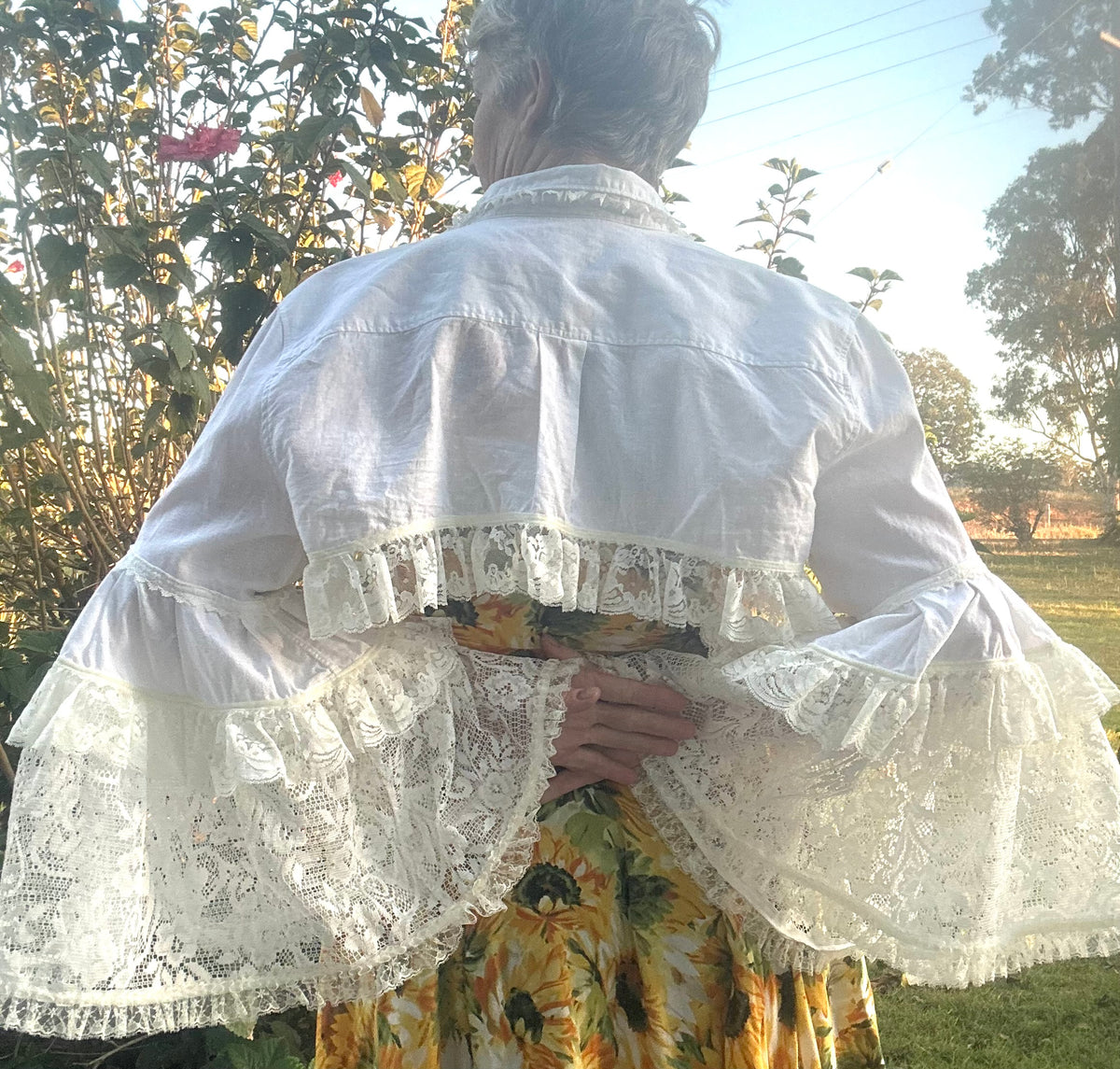 Upcycled White Linen Blend Bolero Sheer Lace Sleeves