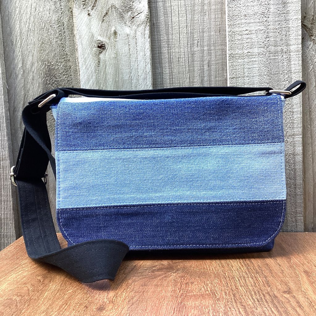 Upcycled Denim Cross Body Messenger Bag - Blue Stripes