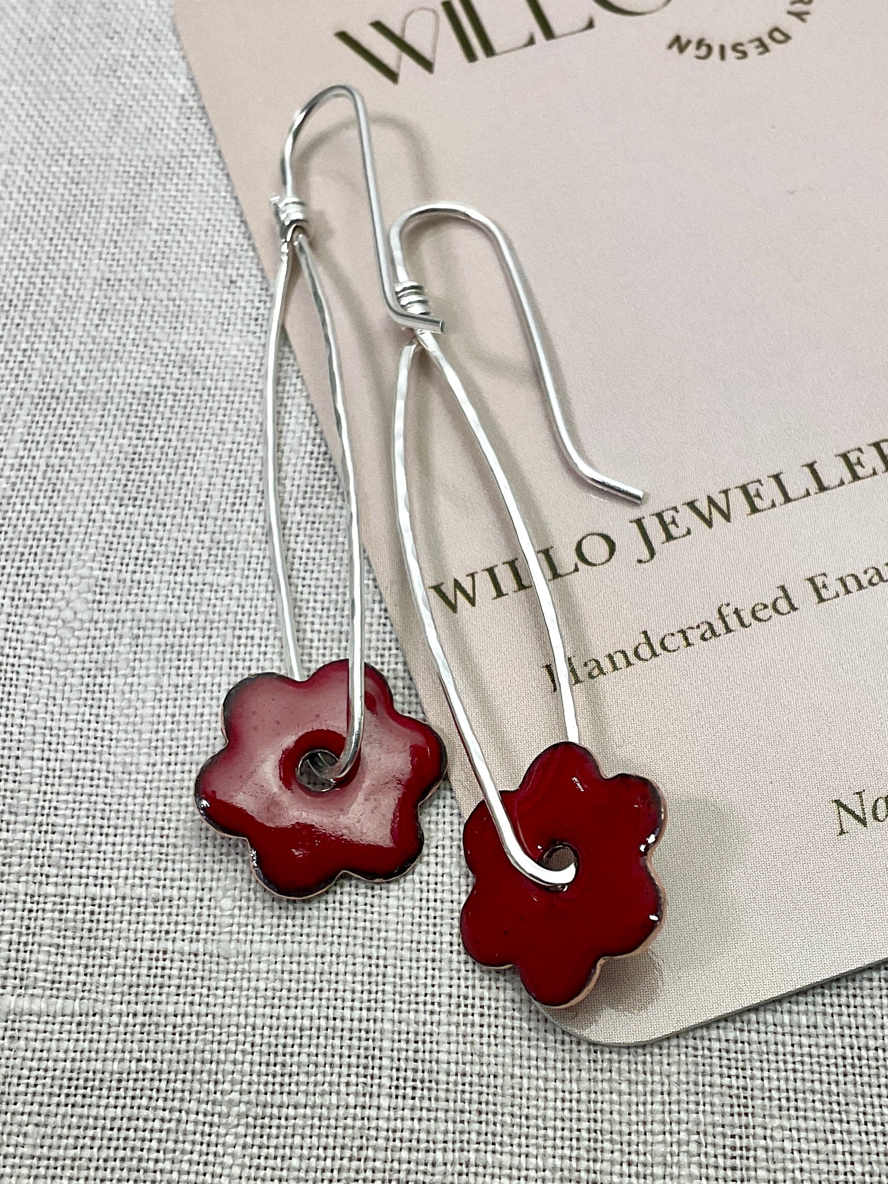 Red flower earrings. Enamel and Argentium silver.