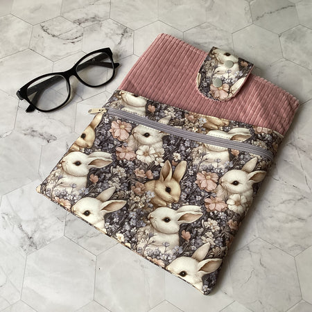 Bunny Rabbits fabric book sleeve with 2 pockets. iPad, tablet pouch
