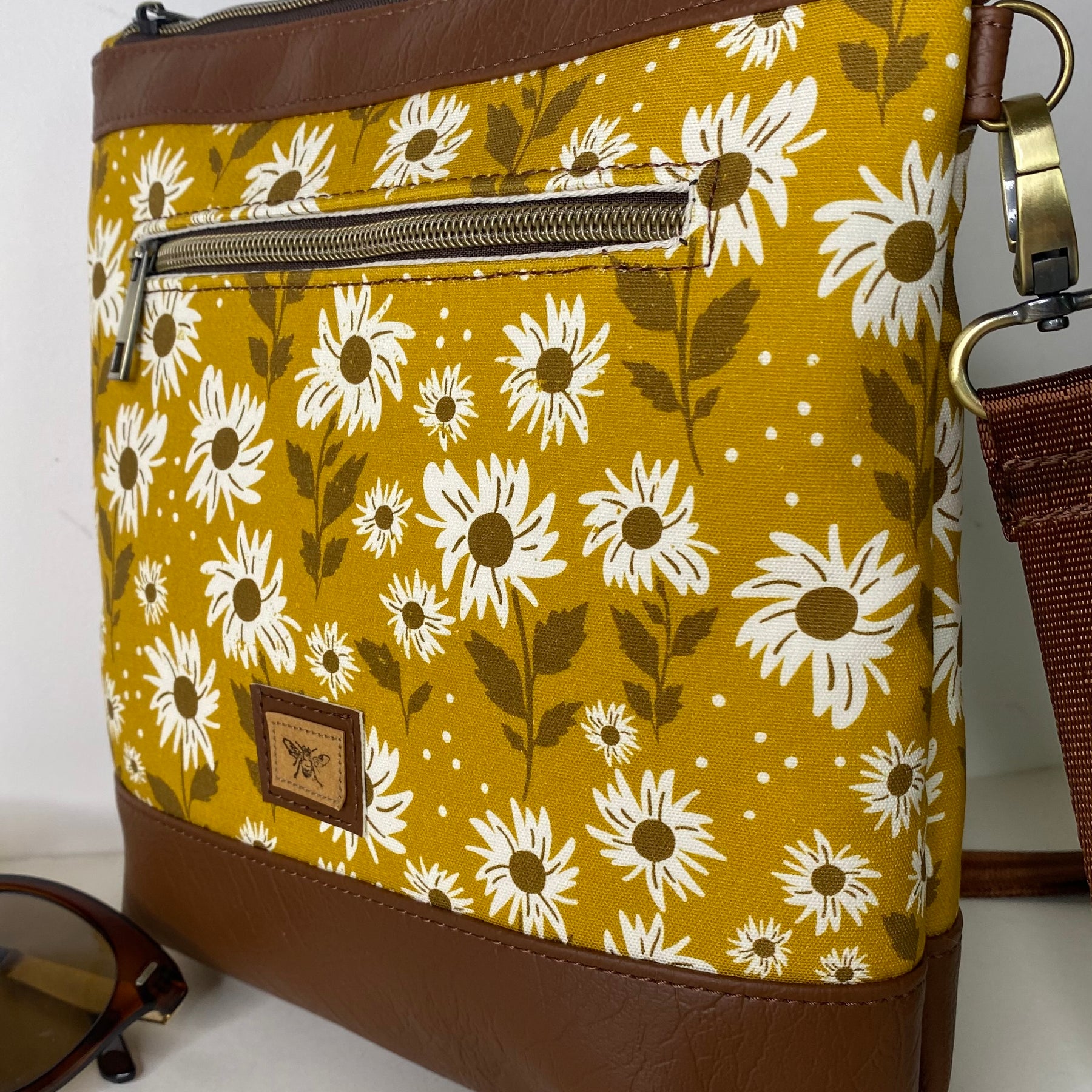 Mia Crossbody Bag - White Sunflowers on Mustard with Dark Brown Faux Leather