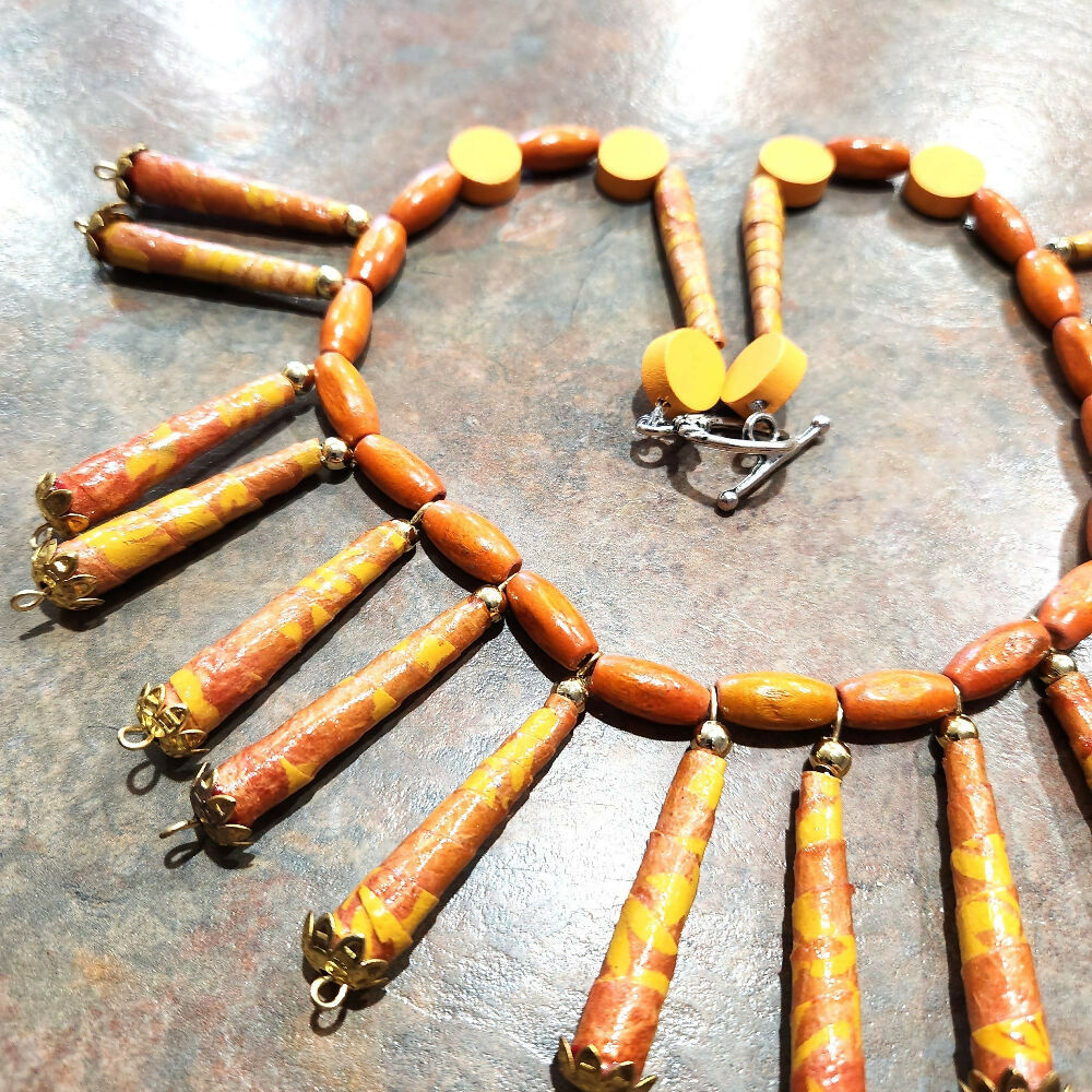 Beaded Necklace paper beads with wooden beads in orange