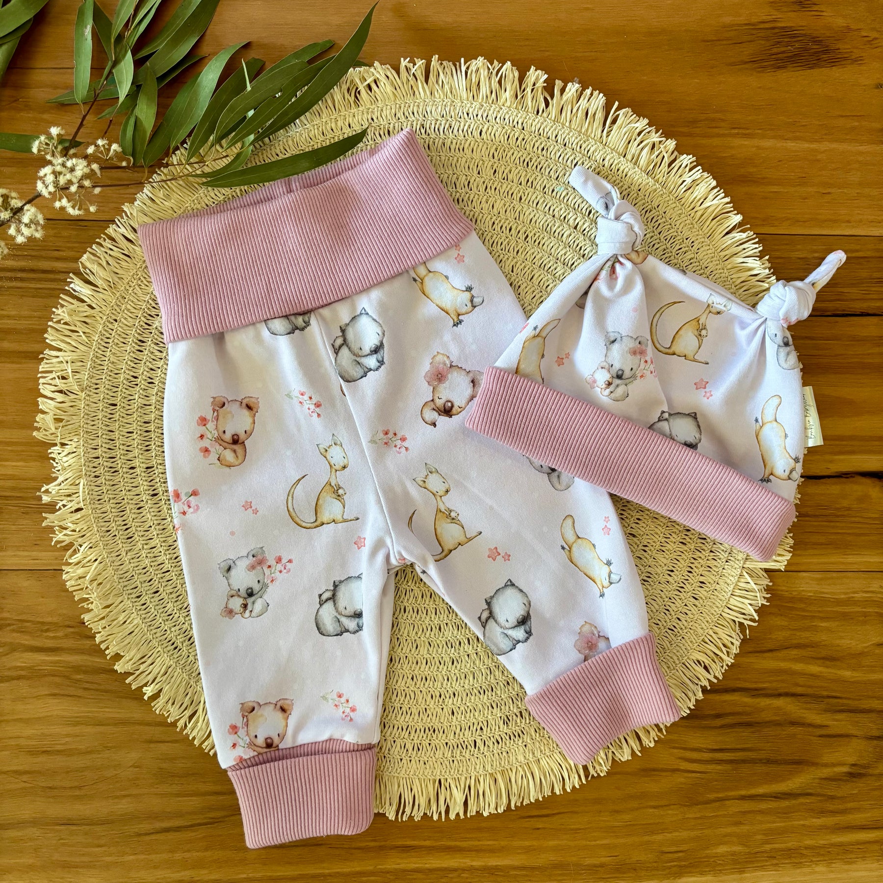 Baby Pants and Hat Set | Pink Koala Platypus | Size Newborn to 1 | Made to Order