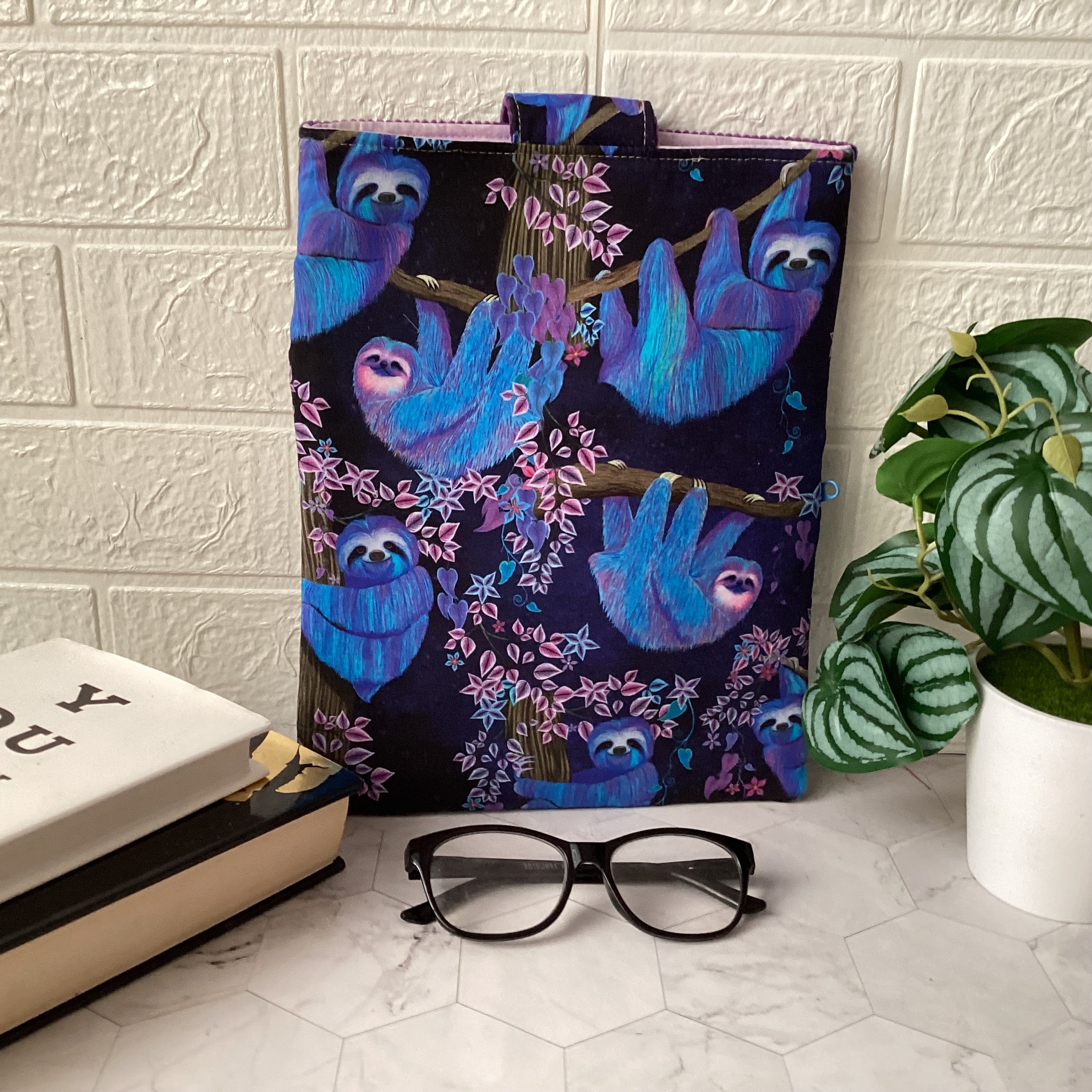 Moonlight Sloths fabric book sleeve with 2 pockets. iPad, tablet pouch