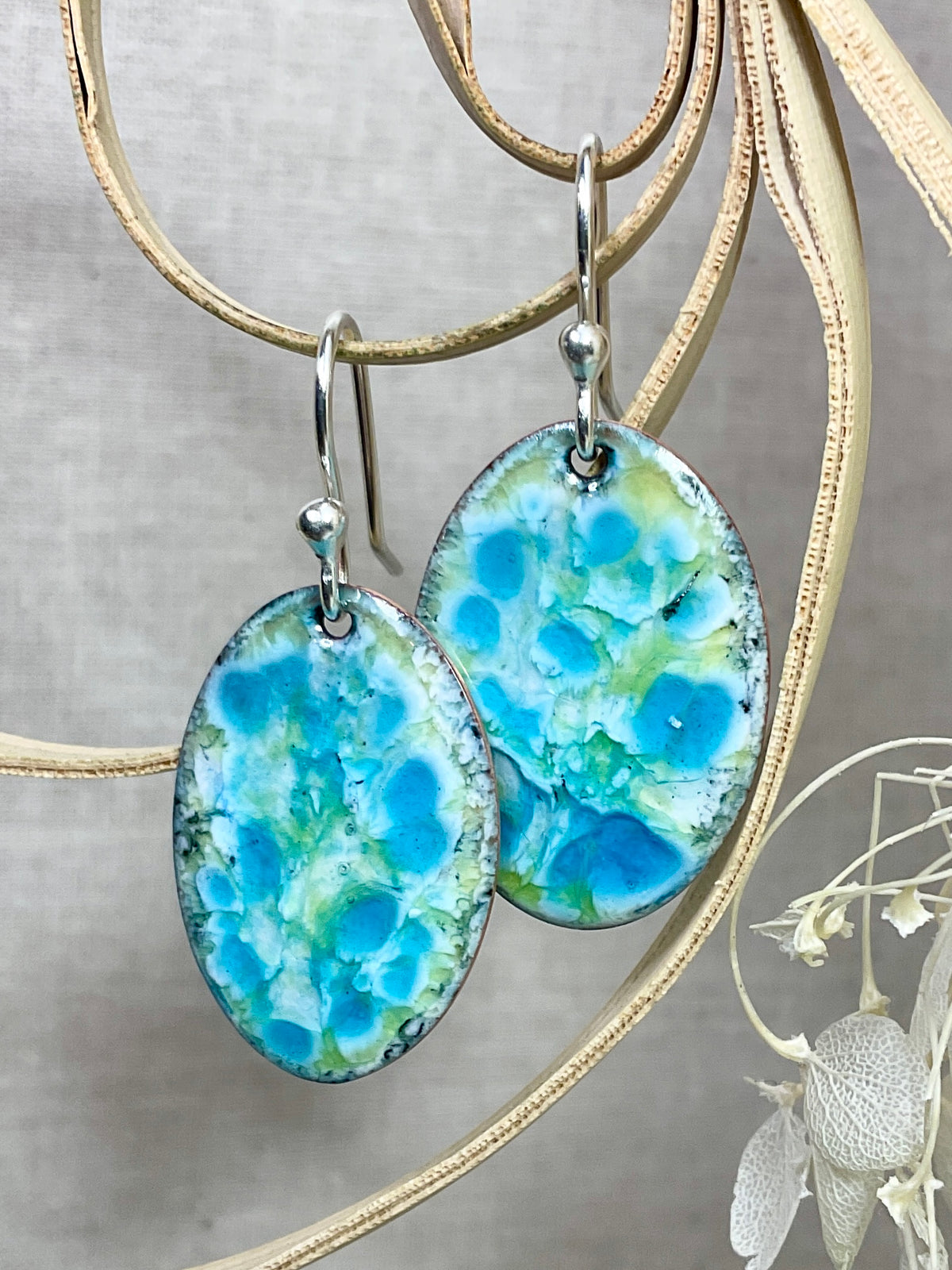 Blue and green enamel earrings. Handmade