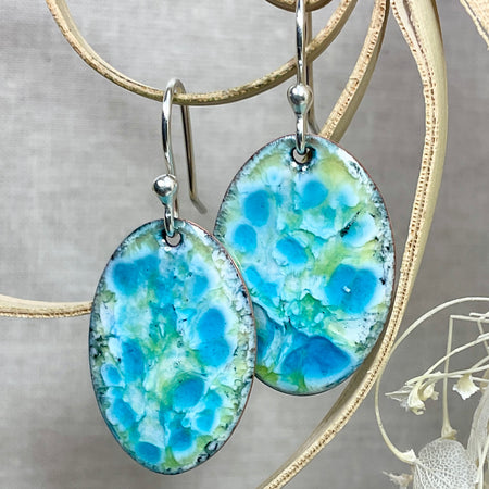 Blue and green enamel earrings. Handmade