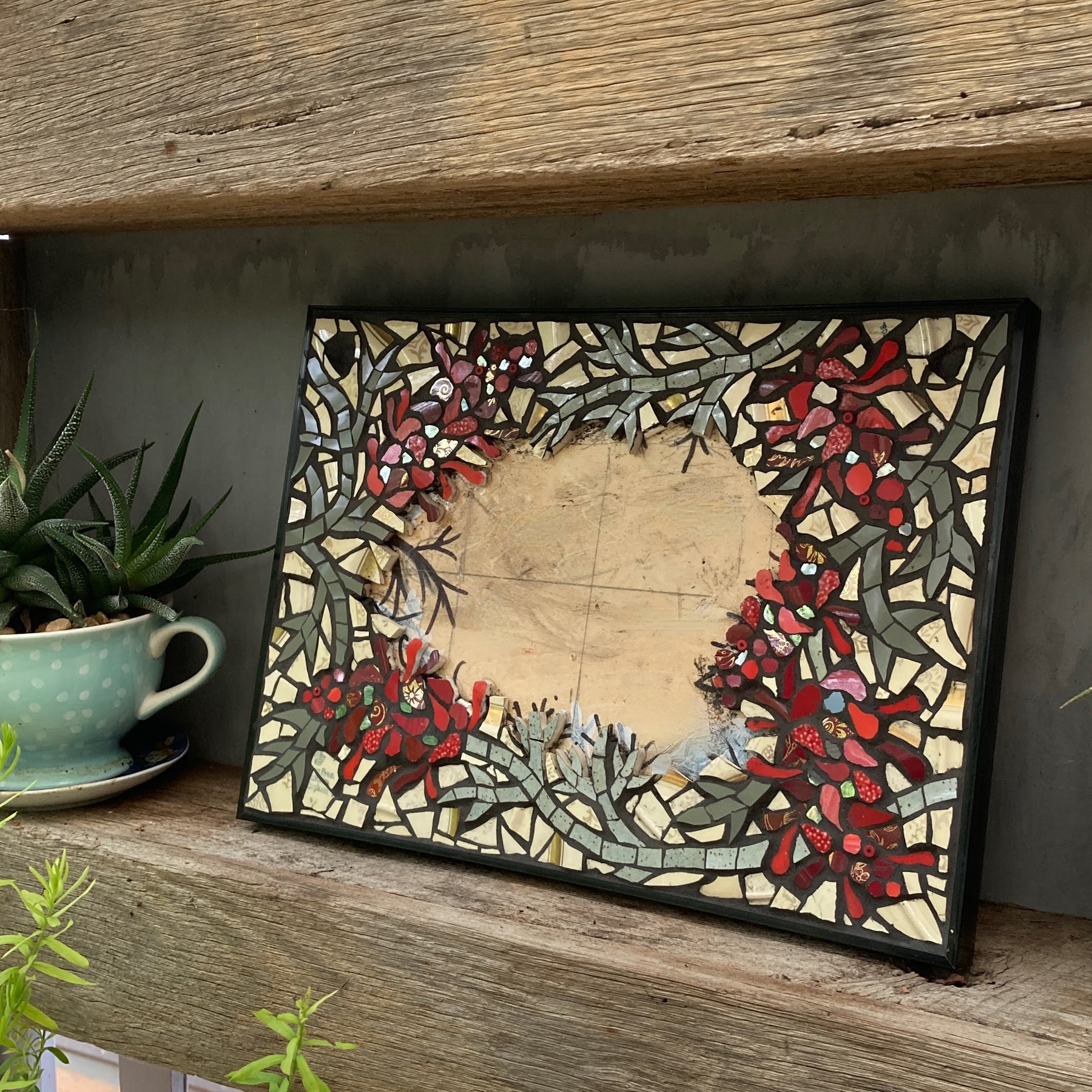 House Number Mosaic - Personalised - Grevilleas - Upcycled Crockery