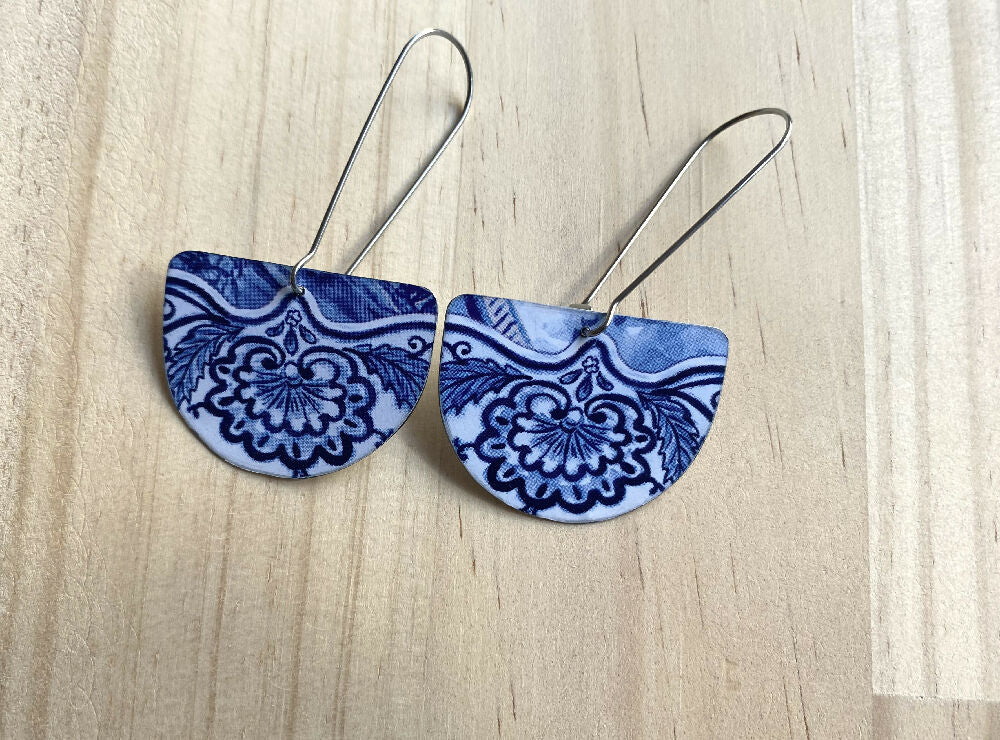 Delft Blue recycled metal semi-circle earrings