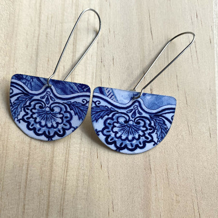 Repurposed Biscuit Tin Earrings - Delft Blue