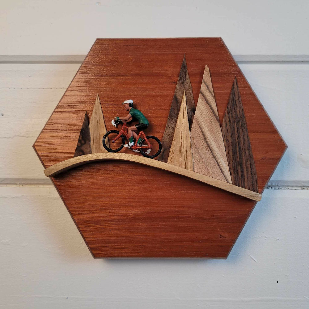 Wooden frame less 3d plaque of cyclist in the mountains
