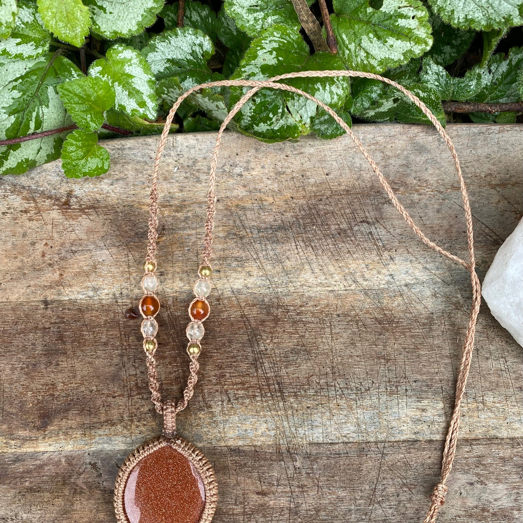 Goldstone Macrame Pendant Necklace, Carnelian Citrine Boho Style,