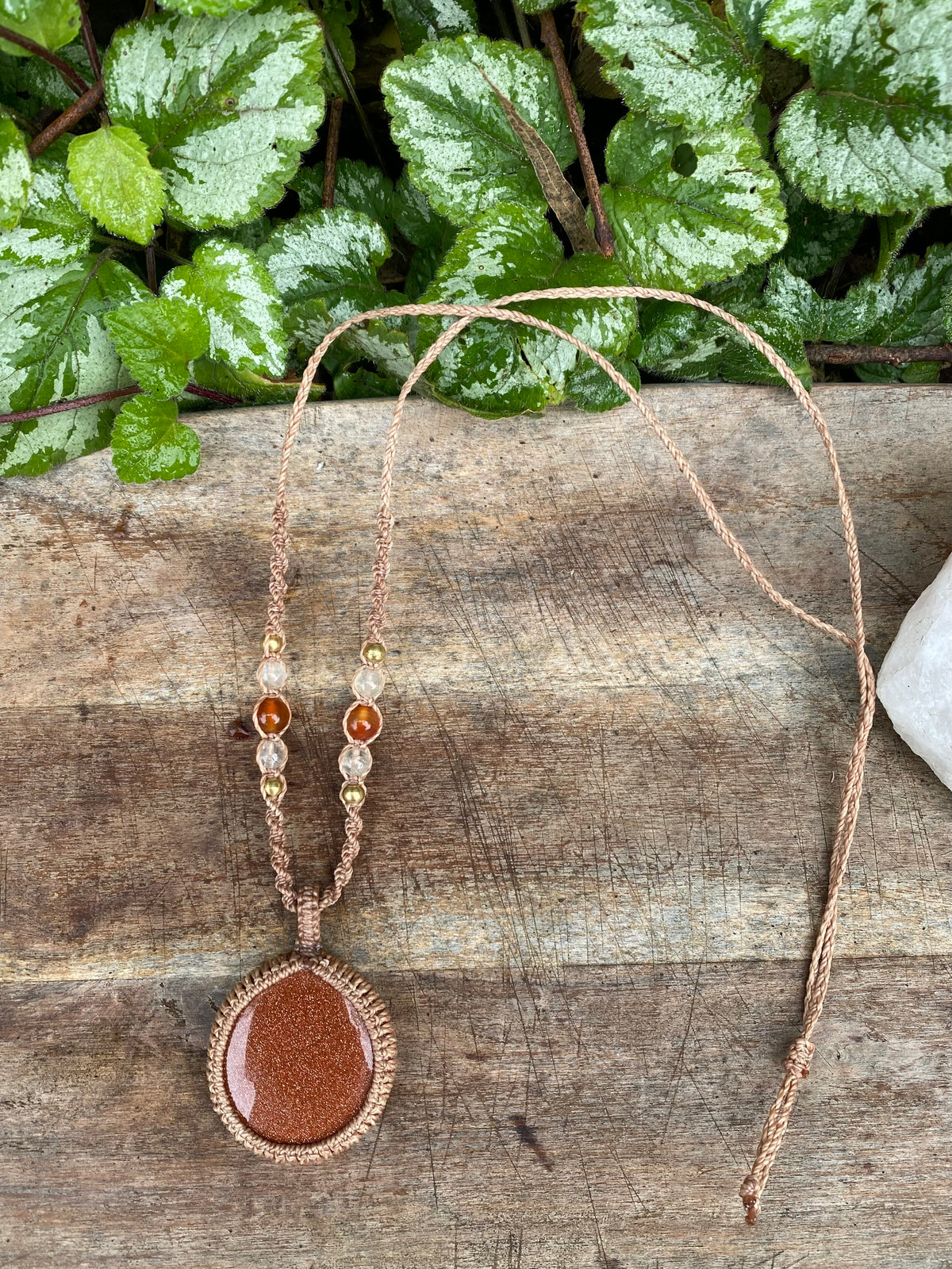 Goldstone Macrame Pendant Necklace, Carnelian Citrine Boho Style,