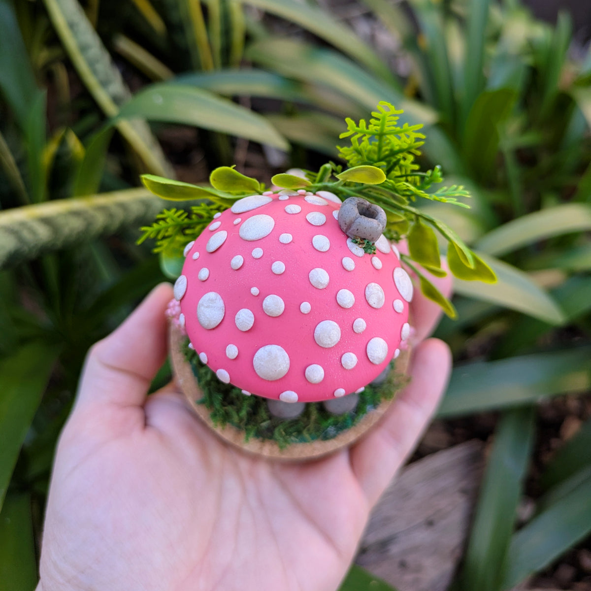 Pink Fairy Mushroom Houses in glass domes