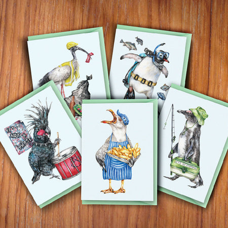 Set of 5 Greeting Cards - Birds in Outfits