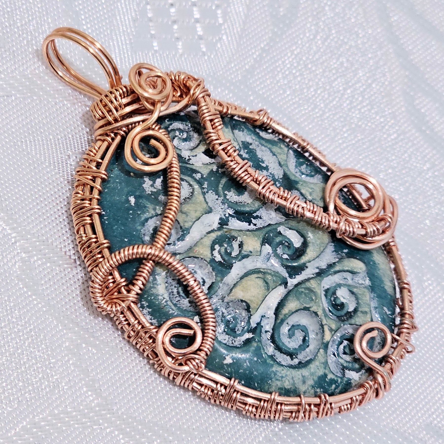 Handmade Ceramic Pendant Wrapped Rose Gold Colour Wire