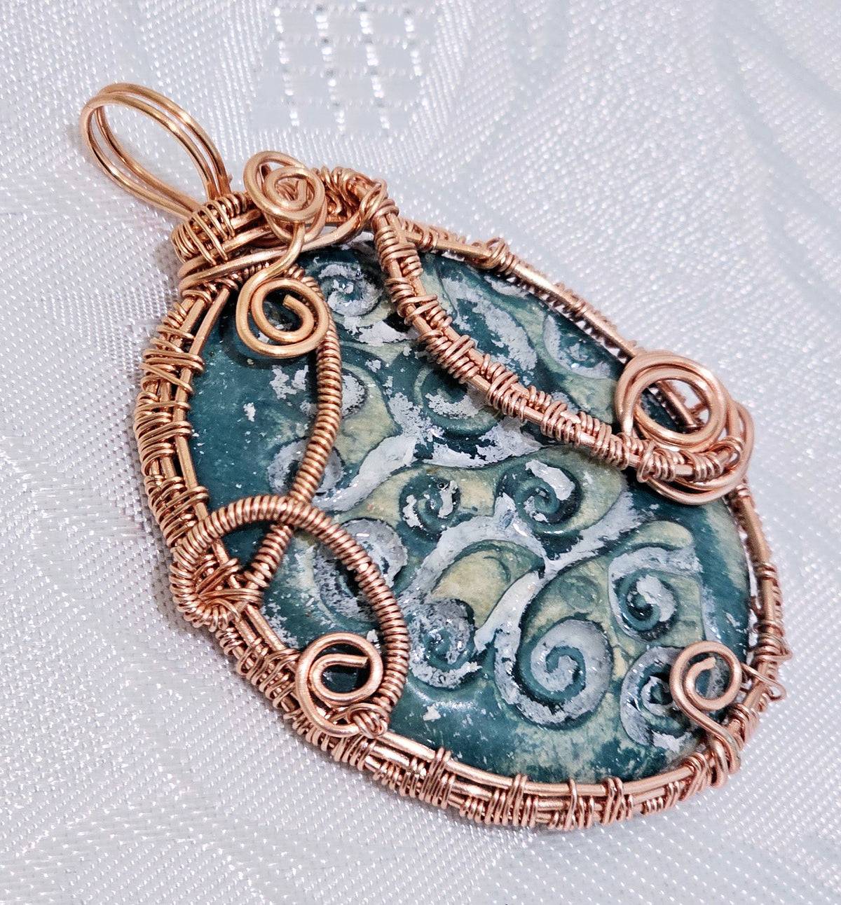 Handmade Ceramic Pendant Wrapped Rose Gold Colour Wire