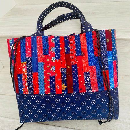 Navy and red strip pieced drawstring tote bag