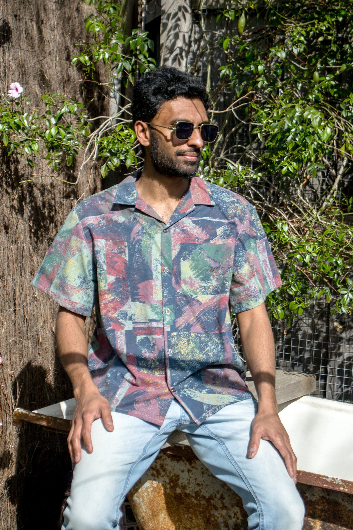 Upcycled Unisex Cotton Button-up Shirt 1980s/90s Sheet (Pink / Size M)