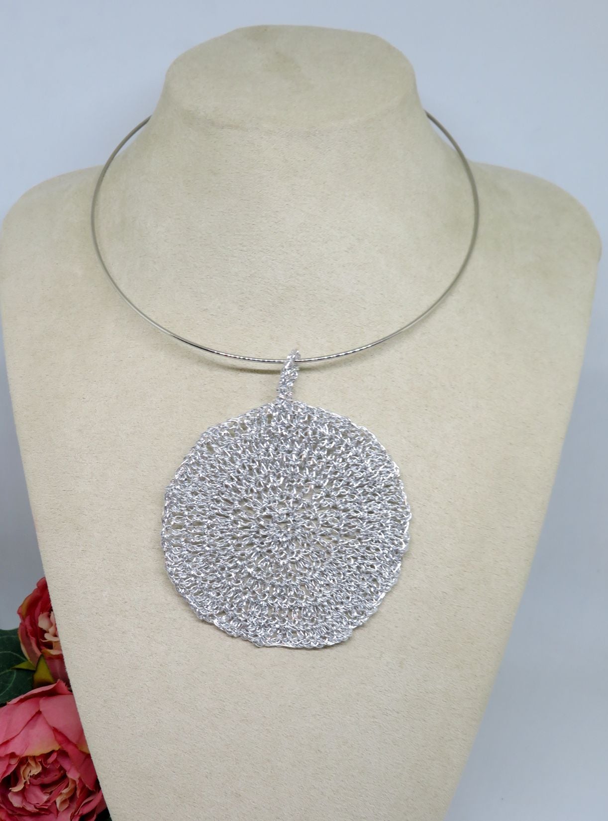 Bespoke Handmade Silver Shimmer Crochet Pendant Round Choker Necklace