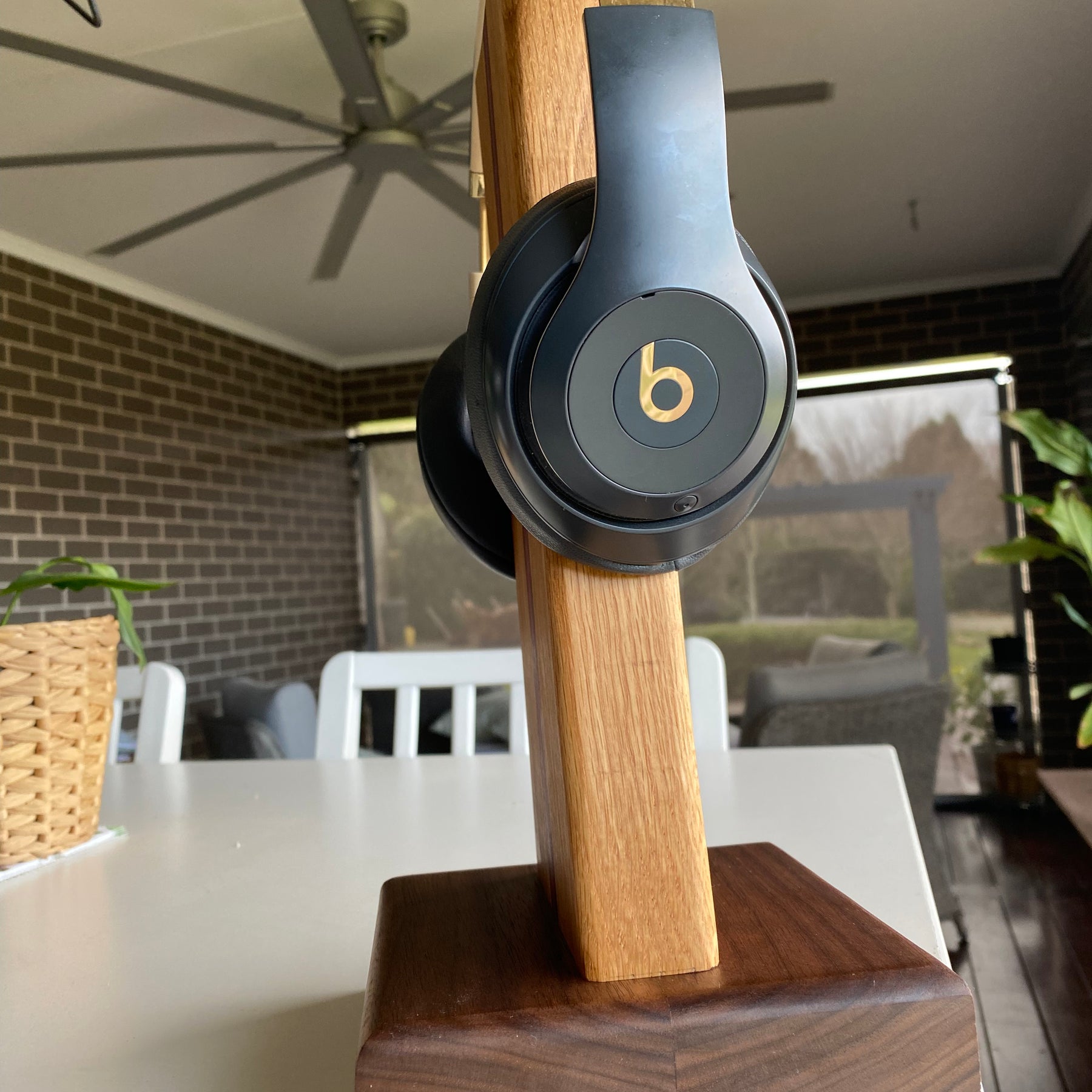 Handcrafted Solid Timber Headphone Stand – Walnut, American Oak & Purpleheart
