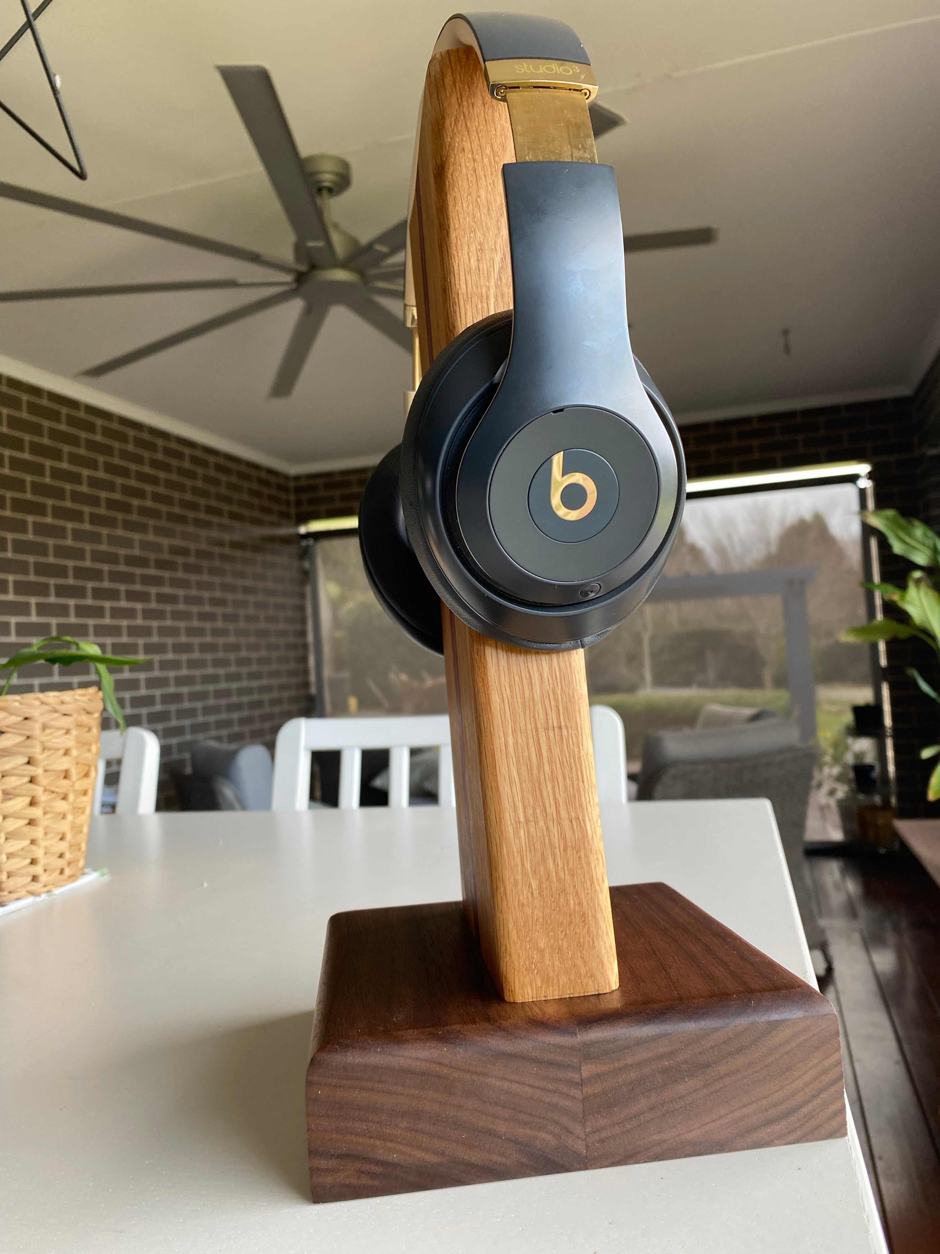 Handcrafted Solid Timber Headphone Stand – Walnut, American Oak & Purpleheart