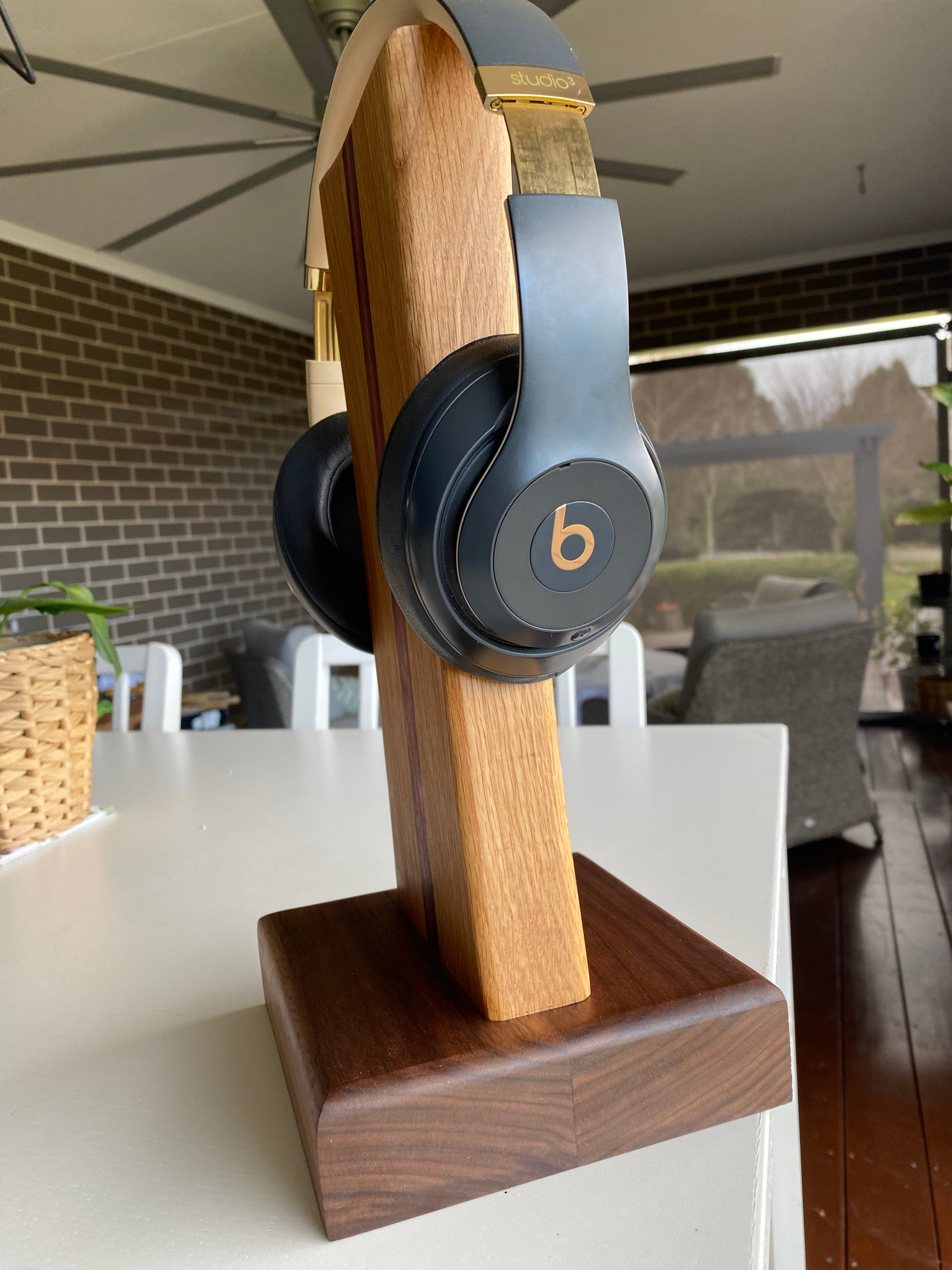 Handcrafted Solid Timber Headphone Stand – Walnut, American Oak & Purpleheart