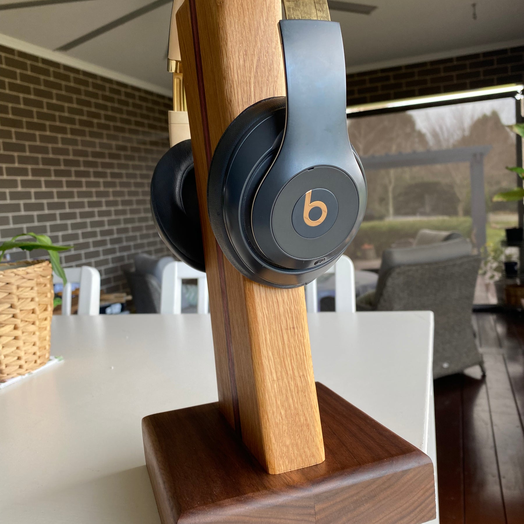 Handcrafted Solid Timber Headphone Stand – Walnut, American Oak & Purpleheart