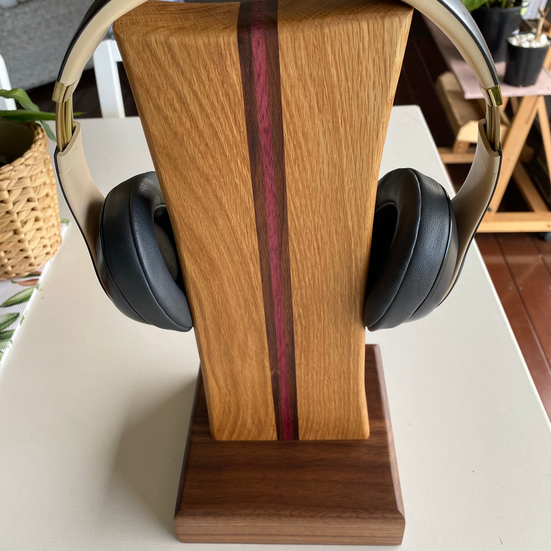 Handcrafted Solid Timber Headphone Stand – Walnut, American Oak & Purpleheart