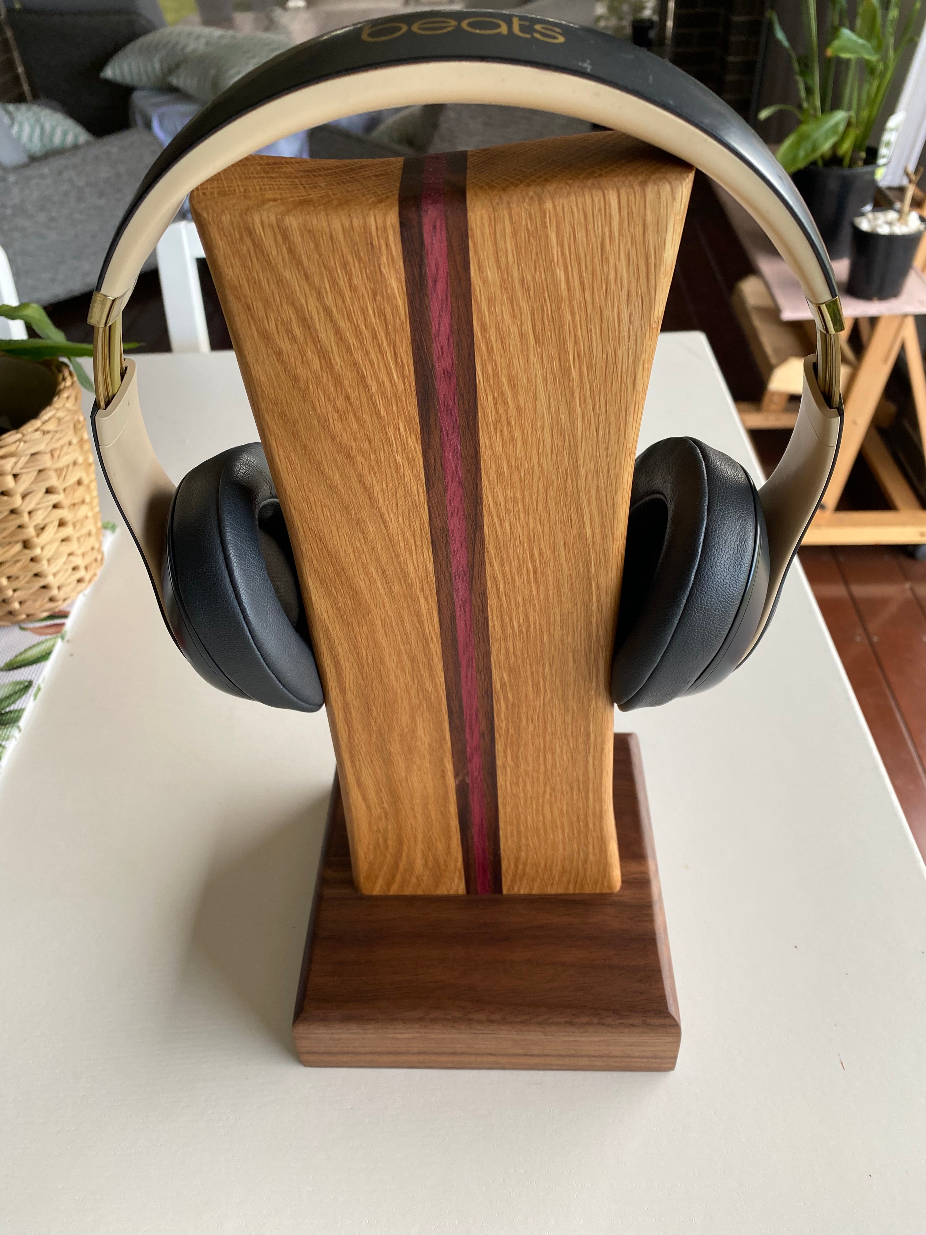 Handcrafted Solid Timber Headphone Stand – Walnut, American Oak & Purpleheart